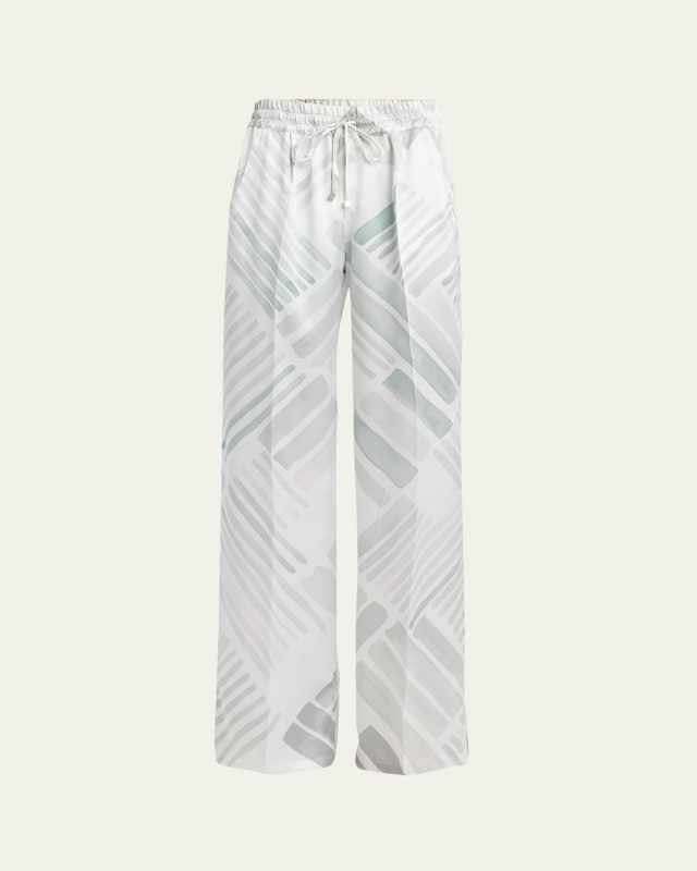 Abstract Drawstring Wide Leg Silk Trousers